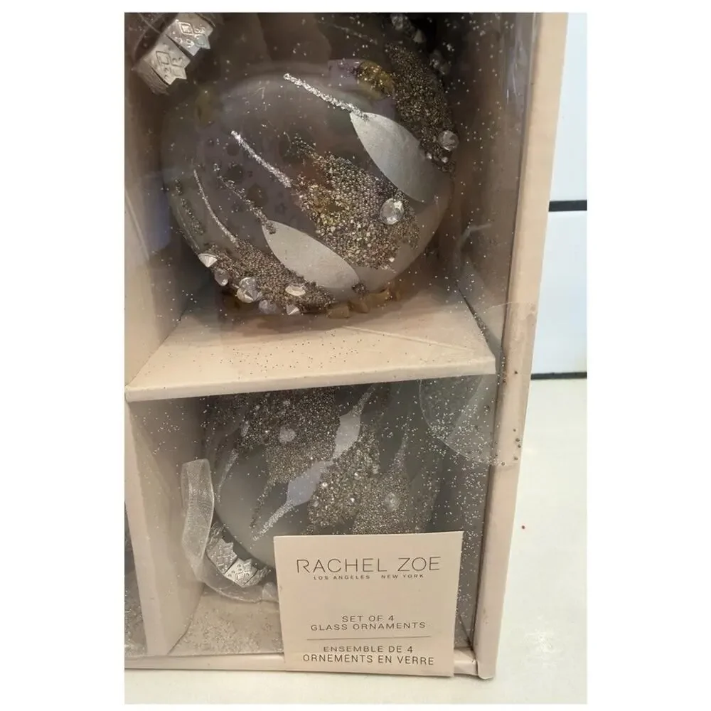 Rachel Zoe Silver Sparkle Christmas Glass Ball Ornament Set of 4 Beaded Stars 4